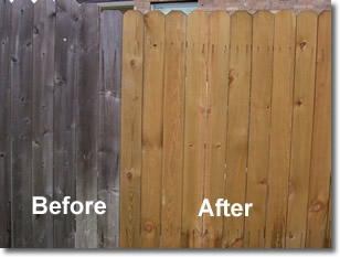 Wood fence before and after power washing.